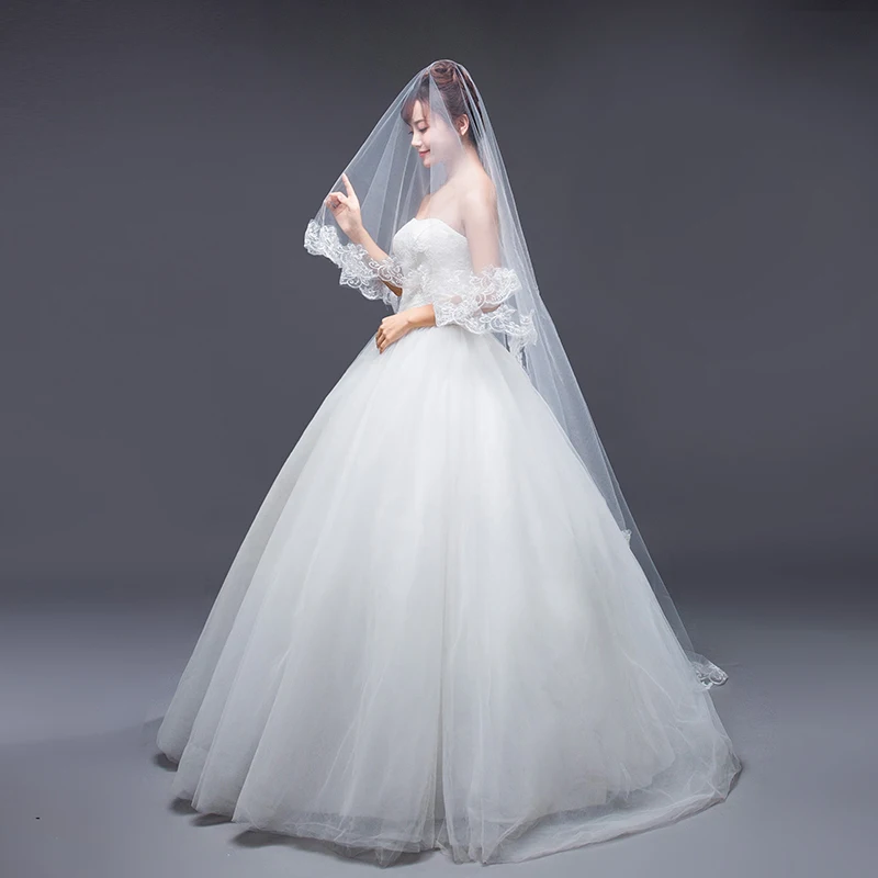 

2018 White Cathedral Veils Women Bridal Wedding Veil One Layer Applique Edge Lace Voile Mariage Cotton Cheaps Simple No Comb