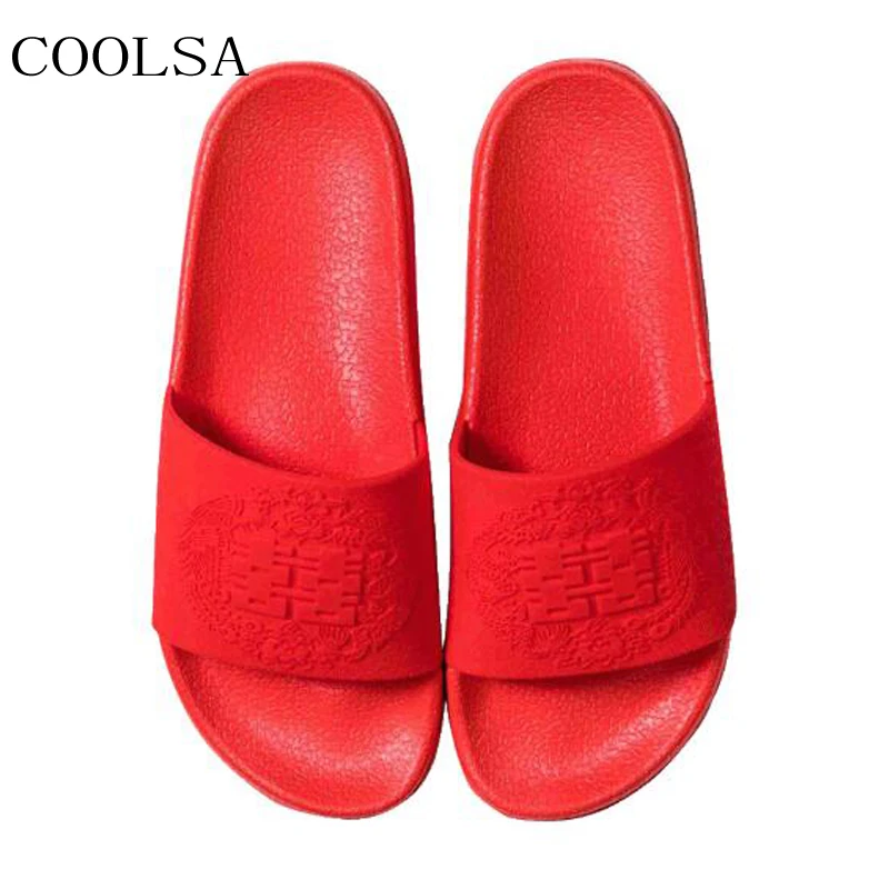 

COOLSA Men's Couple Home Shoes Chinese Red Marry Double Lovely Couple Slippers Male Indoor Hotel Bathroom Sandals Flip Flops Hot