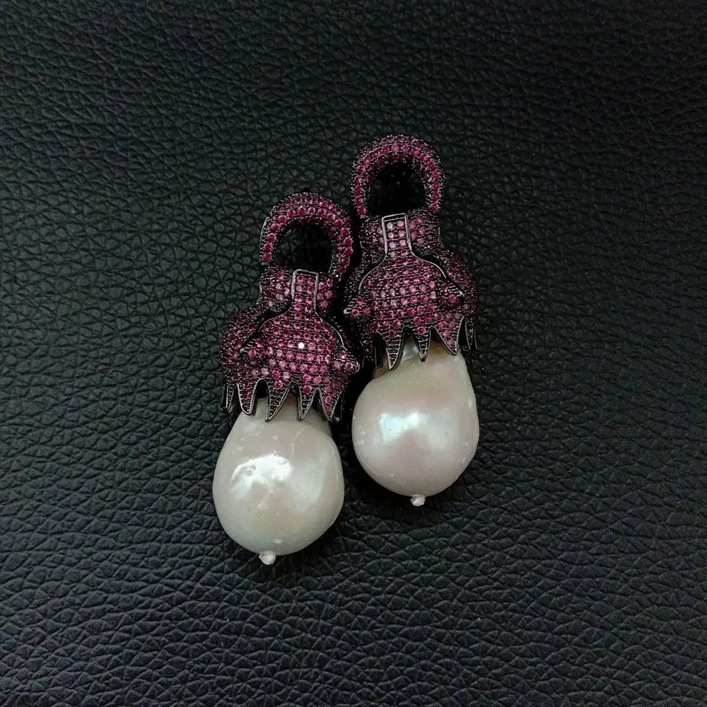 

White Keshi Pearl Earrings Gunmetal Red Cz Pave Dragon Stud Earrings
