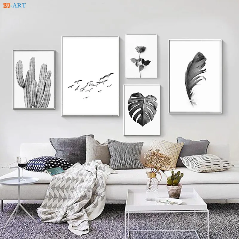 

Modern Black White Feather Posters and Prints Cactus Flowers Canvas Painting Wall Art Pictures for Living Room Boho Decor