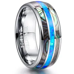 Горячая 8 мм широкий круглый поверхности мужские кольца две полосы в виде ракушки Рисунок кольца с Синим Опалом Вольфрам кольца