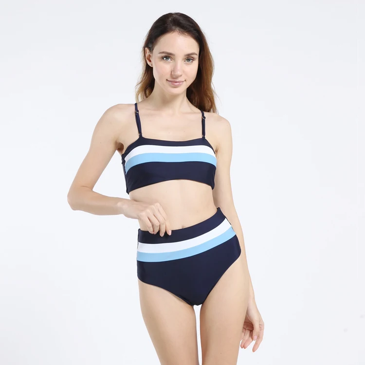 

2019 Retro Sexy Blue White Striped Strapless Bandeau Biquini Cut High Waist Swim Bathing Suit Swimsuit Swimwear Women Bikini