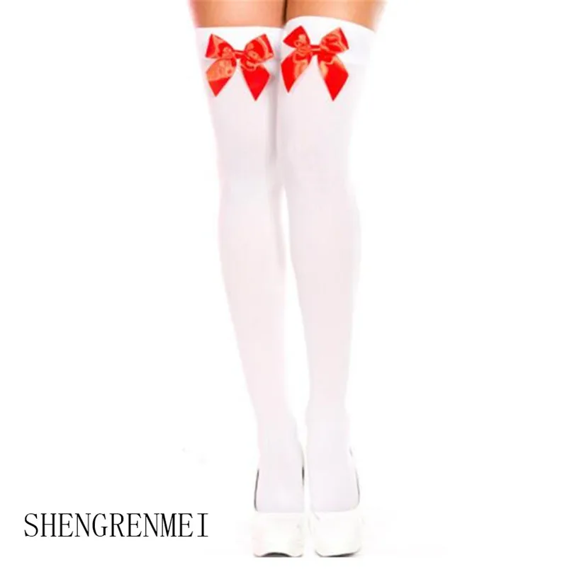SHENGRENMEI, женские чулки для Хэллоуина, костюм, модные, белые, розовые, черные, красные, с бантом, чулки, высокие, для девушек, сексуальные, до бедра, высокие чулки