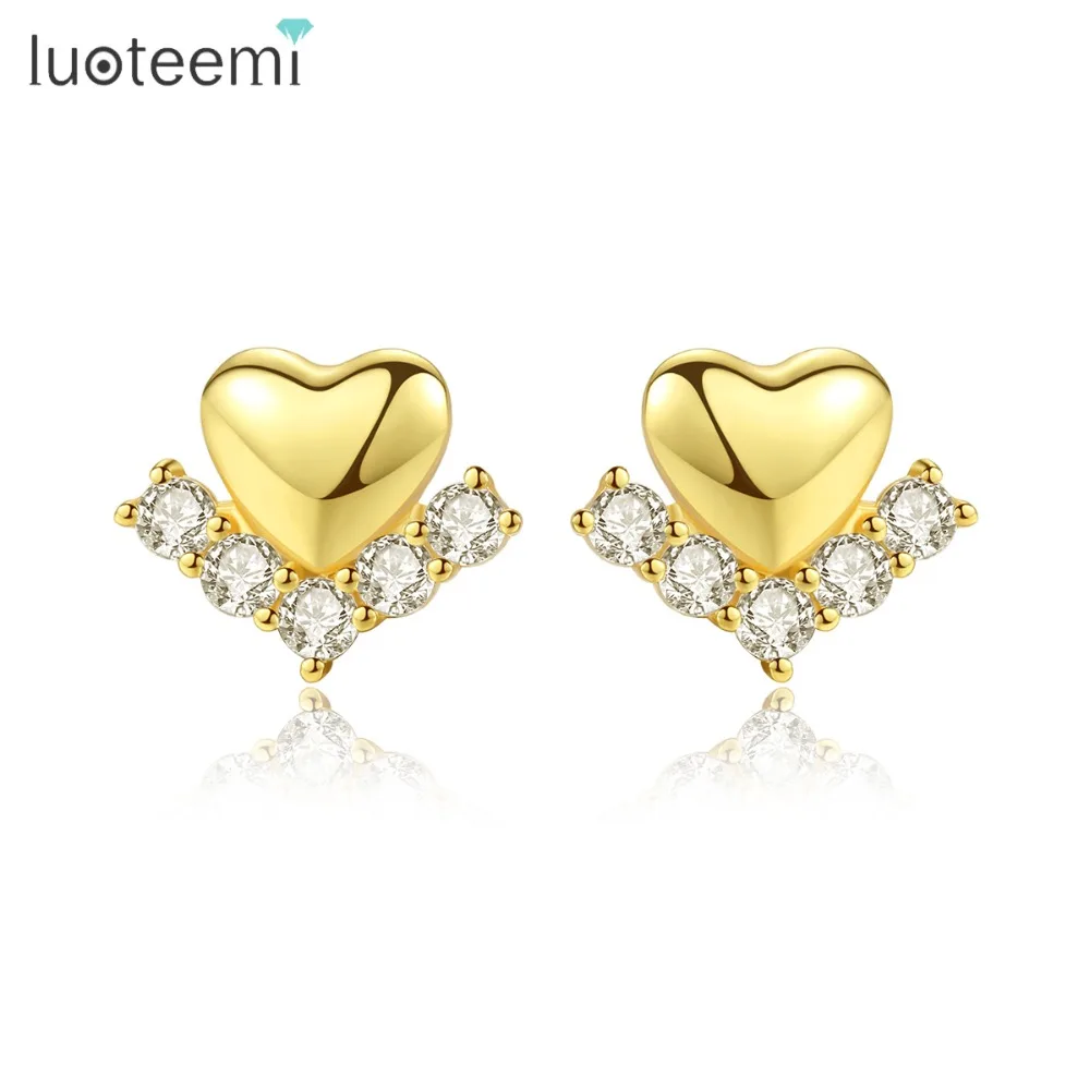 LUOTEEMI, дизайн, 925 пробы, серебряные серьги-гвоздики в форме сердца для женщин и девочек, с кубическим цирконием, маленькие ювелирные изделия Brincos