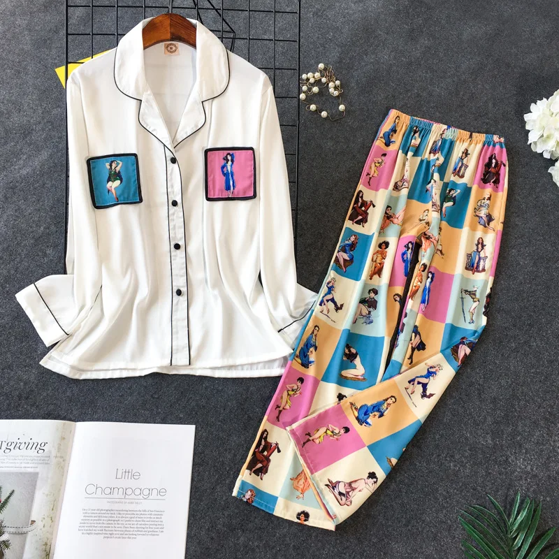 Daeyard, Женский пижамный комплект, шелковые рубашки и штаны, 2 предмета, пижама для девочек, Милая Ночная рубашка, одежда для сна, контрастный цвет, повседневный домашний пижамный комплект