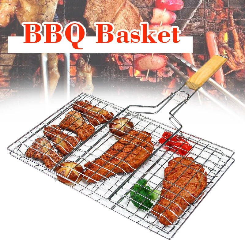 33CM*48CM Foldable DIY Barbecue Grilling Basket Wood Handle Outdoor BBQ Grilling Fish Rack Barbecue Tool Fish Grill Net