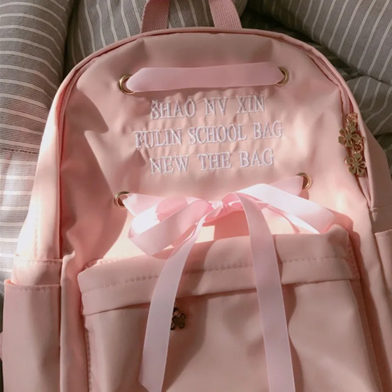 WISHOT лук рюкзак с завязкой дорожная сумка для подростков Kawaii девочек шелковая лента вышивка письмо милая розовая сумка - Цвет: pink