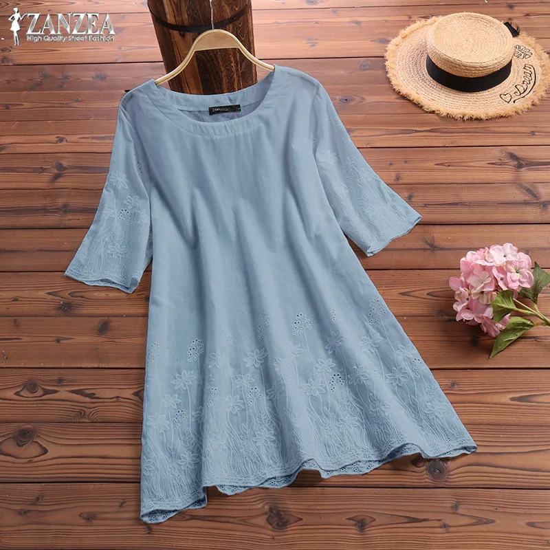 Летние женские блузы с вышивкой льняные Blusas ZANZEA Модные полые 3/4 рукав футболки женские с круглым вырезом Tuinc плюс Размеры 5XL