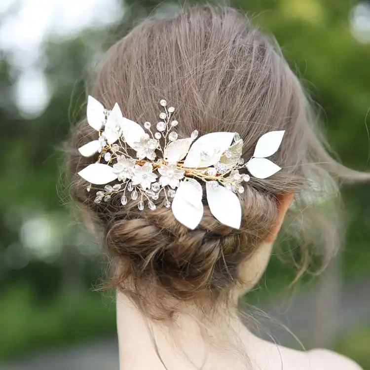 Delicate Barrette Bridal Side Clip Feather Leaf And Flower