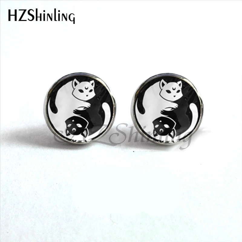 Женские серьги гвоздики со стеклянным куполом В Стиле Инь|yin yang earrings|glass dome