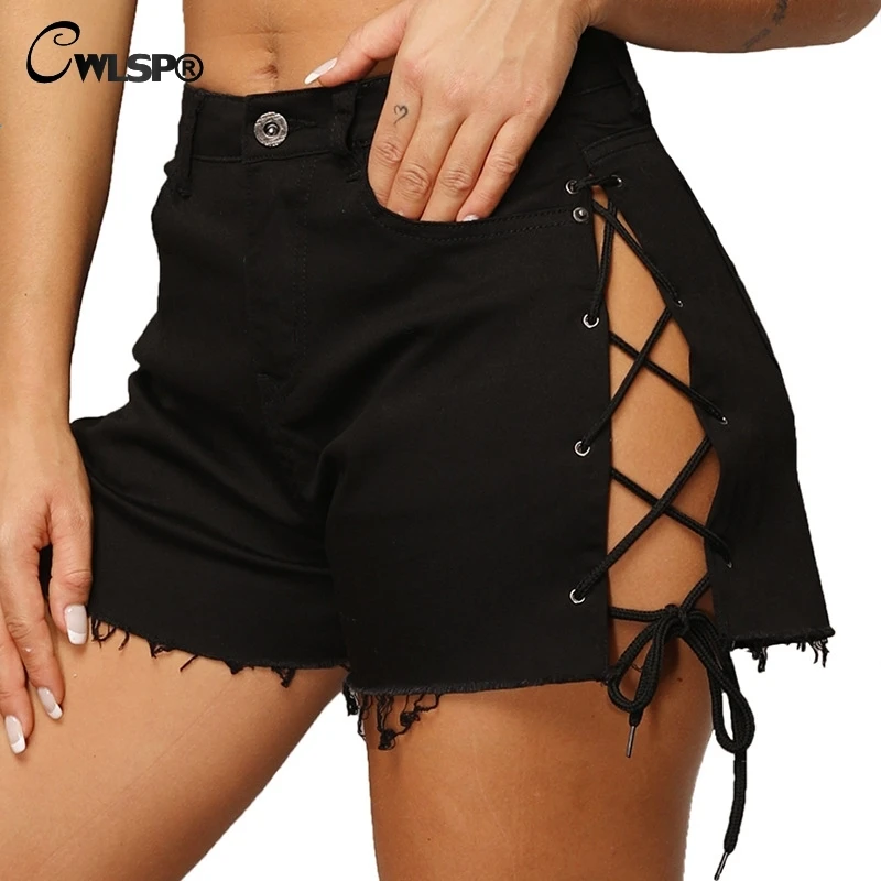

CWLSP 2018 Summer Sexy Black Shorts Women Hollow Out Tie Up Side Short High Waist Women Push Up Hips Short Feminino QZ2891