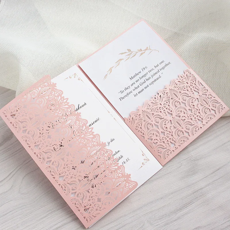 

Pink wedding invitation card with envelop RSVP pocket tri-folded floral laser cut free customized printing free ship