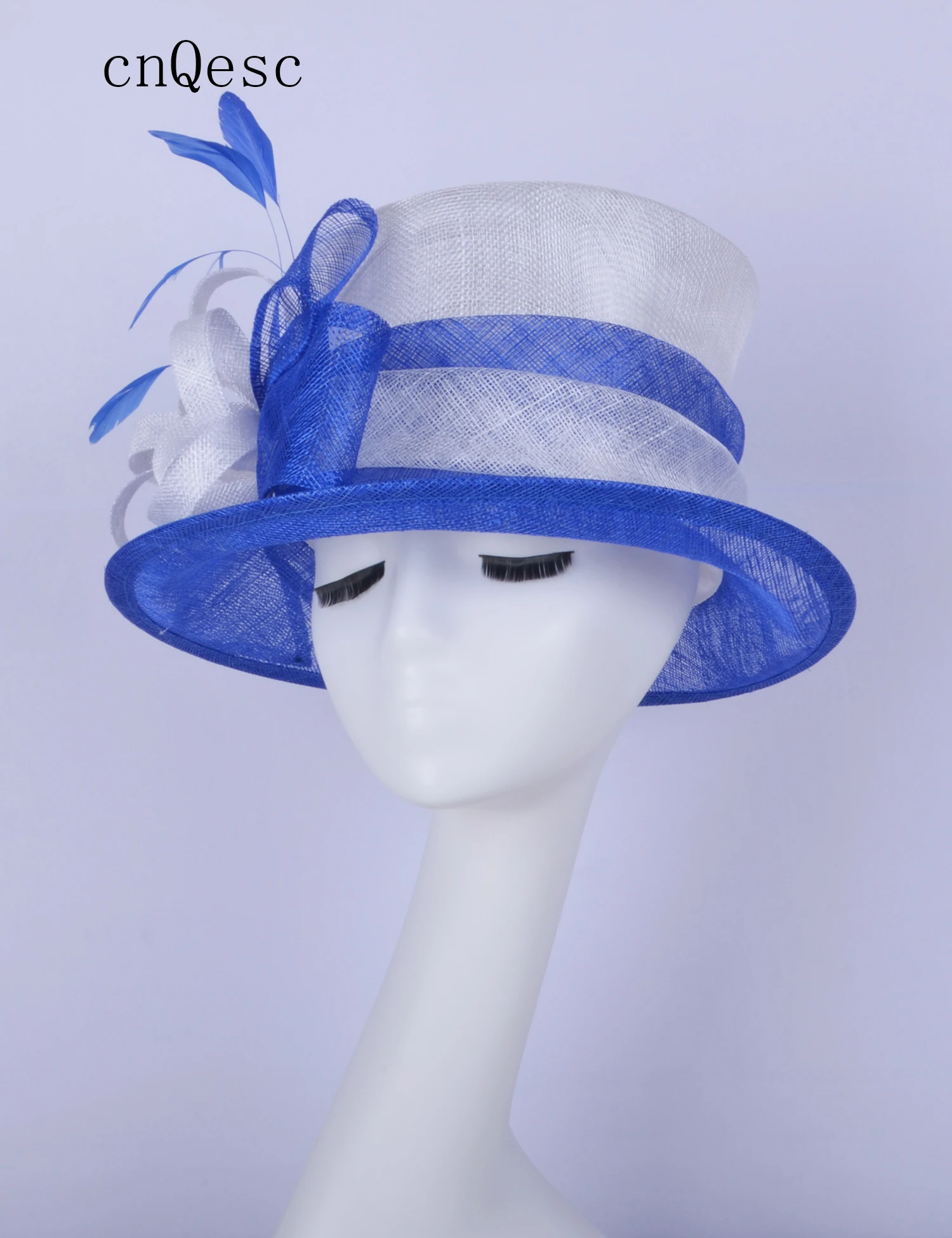 

2019 White blue Sinamay fascinator dress hat Kentucky Derby wedding races bridal shower mother of the bride w/feathers.