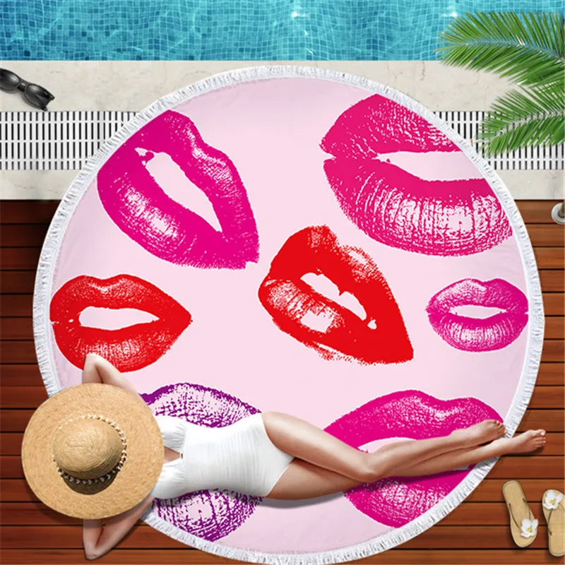 

150CM Round Fringed Beach Towel Lips Pattern Women's Beach Towel Soft Microfiber Bath Towel Beach Shawl