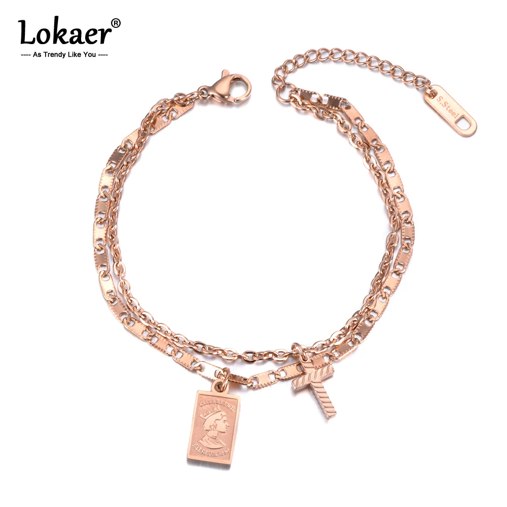 

Lokaer Double Layers Retro Cross Tag Charm Bracelet Elizabeth Coin Jewelry Titanium Steel Chain & Link Women's Bracelet B19043