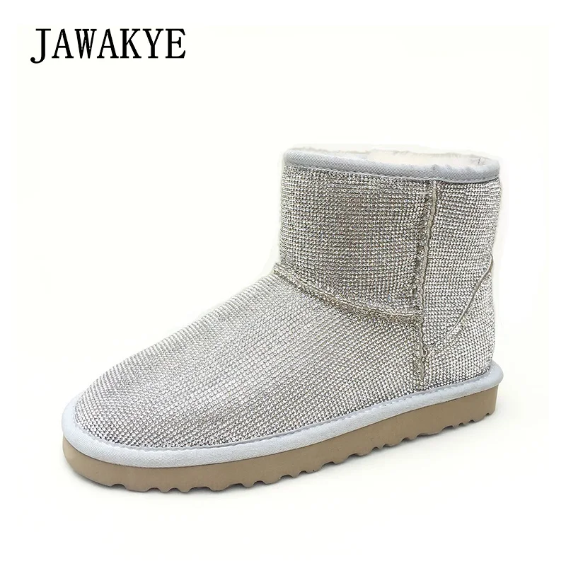 

Silver Bling Bling Short Warm Snow Boots Women Real wool Full Rhinestones Ladies Winter Flat Shoes Ankle boots Zapatos Mujer