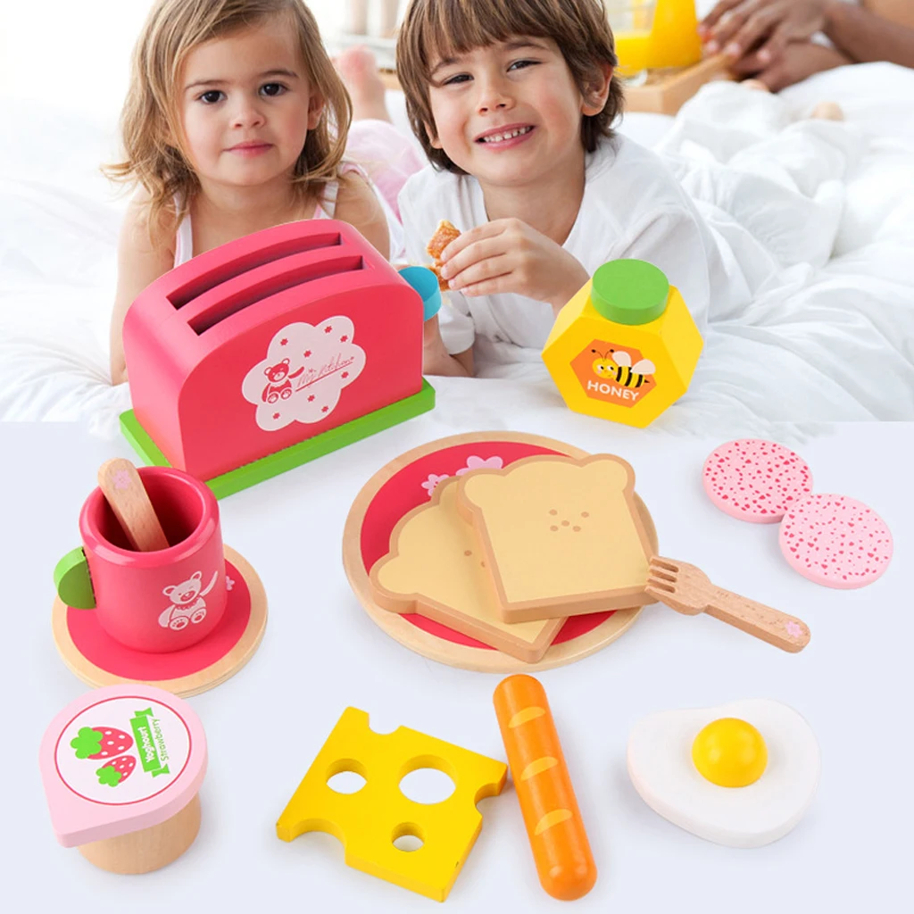 Wooden Delicious Breakfast Bread Fast Food Pretend Play Toy Set for Kids