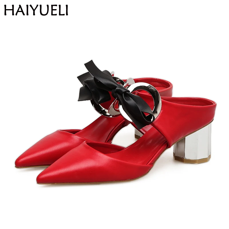 6cm Low Heel Shoes Red Pu Leather Pointed Toe Slippers Fashion Metal