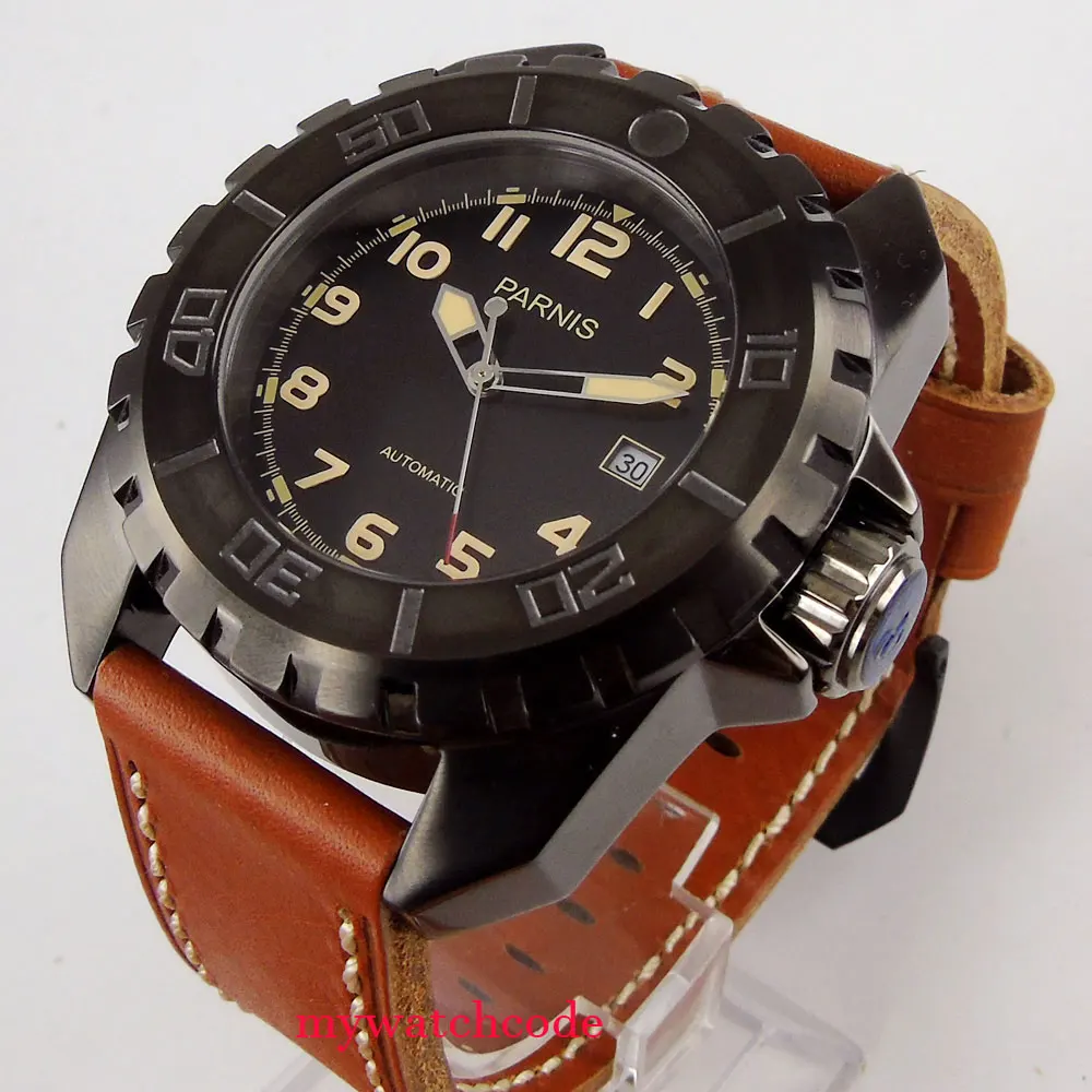 45mm parnis black dial yellow marks PVD case brown leather strap 21 jewels miyota movement automatic movement watch