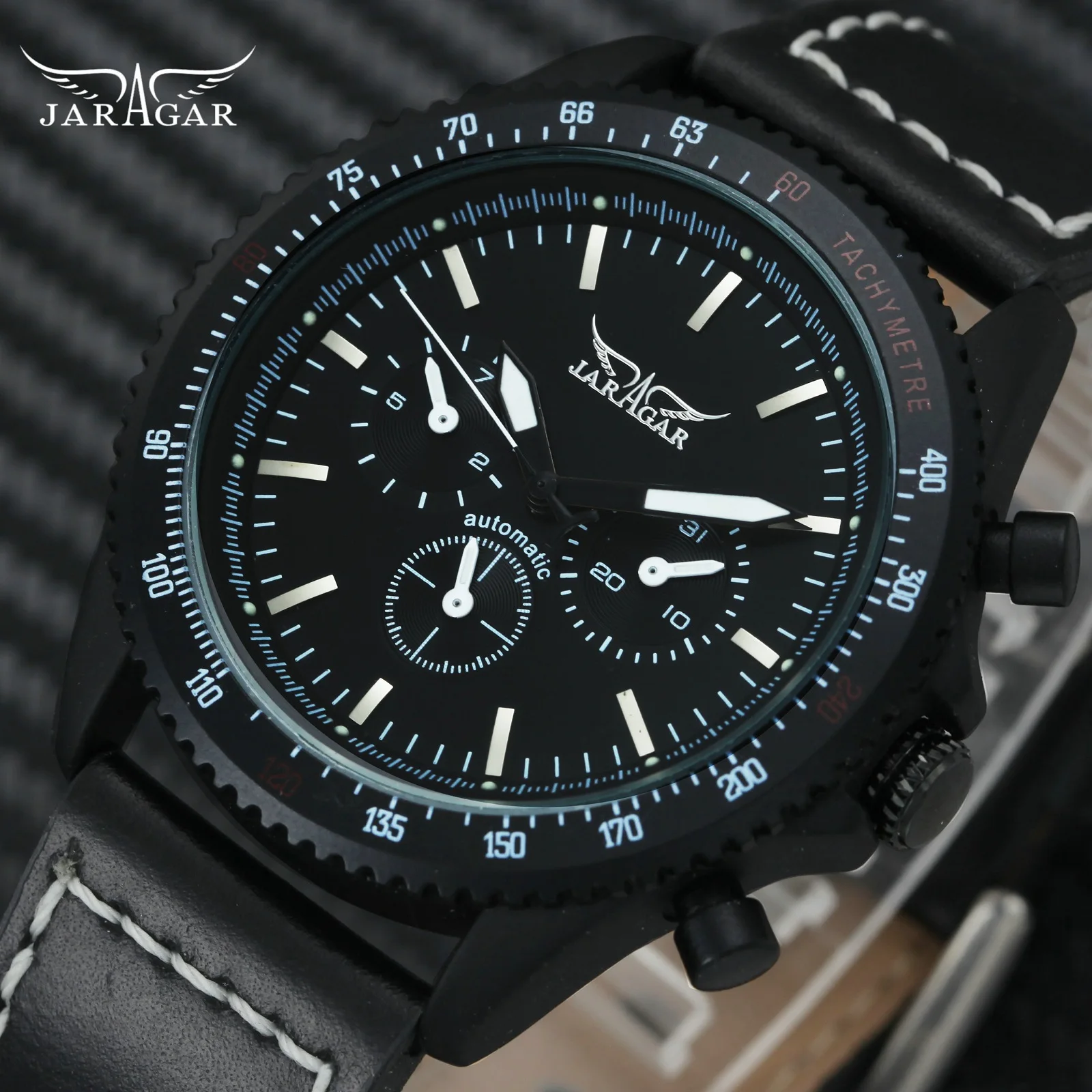 

JARAGAR Casual Sport Auto Mechanical Watch Men Leather Strap 3 Dials 6 Hands Fashion Concise Design Wrist Watches relogio