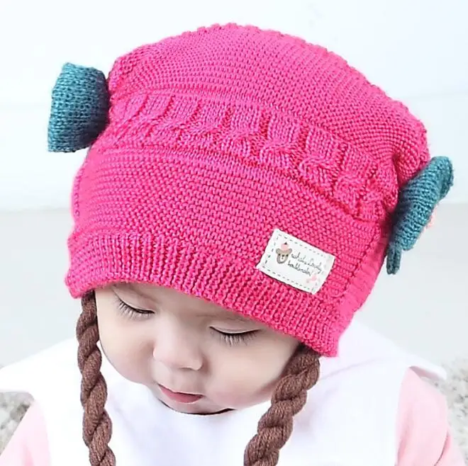 Милые детские вязаные косички для париков шапок с бантиком для новорожденных девочек, шапка, детские шапки, теплые зимние детские шапочки для детей 3-18 месяцев - Цвет: Rose Red