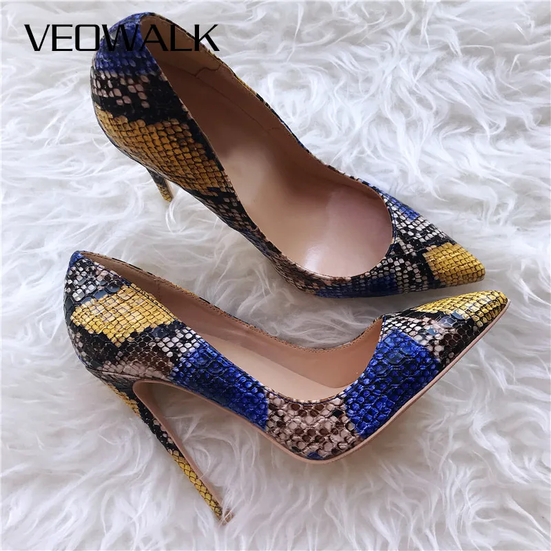Veowalk Sexy Embossed Snake Pattern Women Pointed Toe High Heels Ladies Slip On Stiletto Pumps Fashion Woman Night Club Shoes