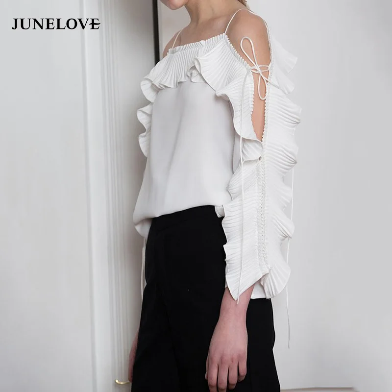 Junelove 2018 весенние женские милые модные оборками белая блузка с вырезом лодочкой