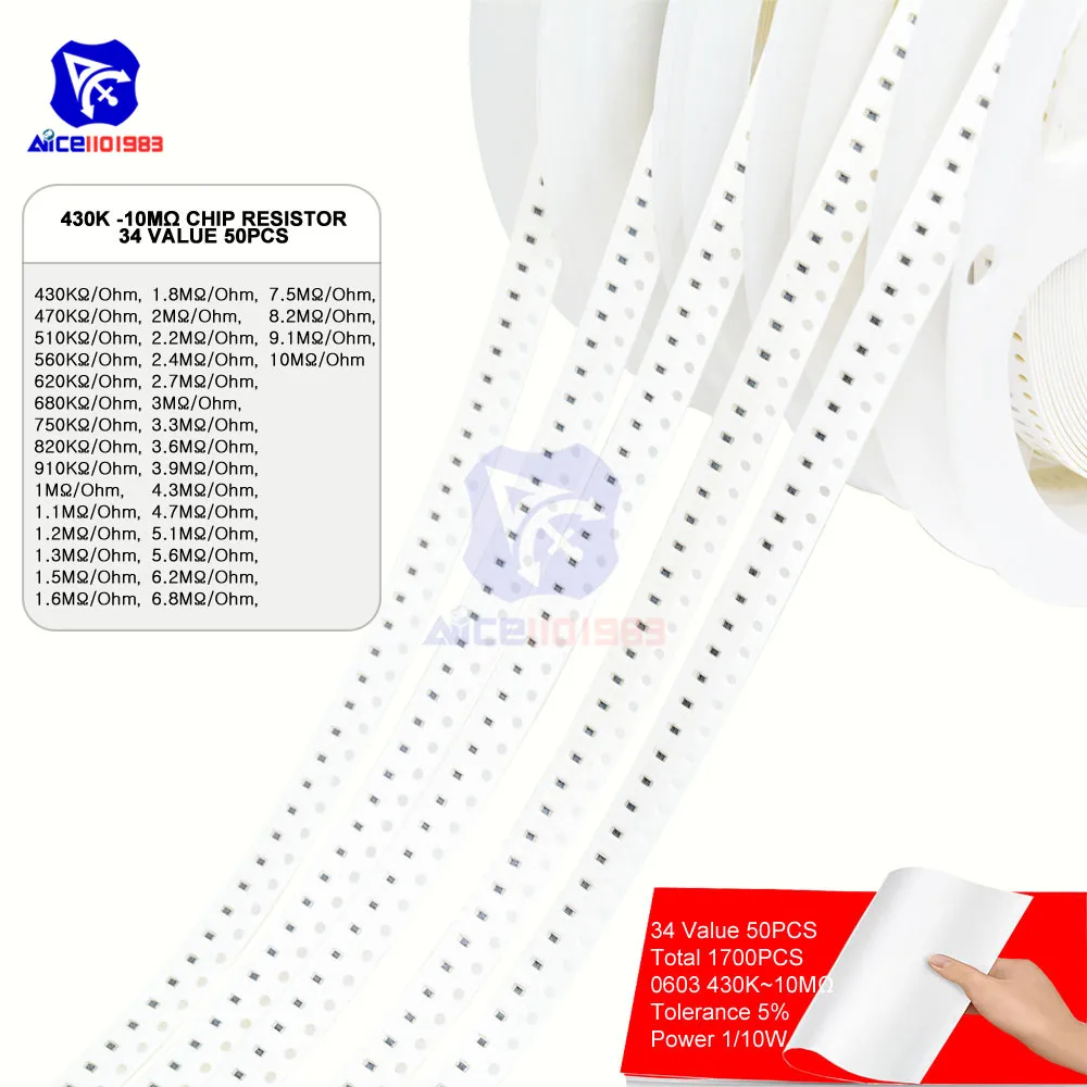 1700PCS/Lot 34 Value 50PCS 0603 Chip SMD Resistor 0R -10MΩ/Ohm 5% 1/10W 0.5W Chip Resistance Assorted Set Chip Fixed Resistor 1700PCS/Lot 34 Value 50PCS 0603 Chip SMD Resistor 0R -10MΩ/Ohm 5% 1/10W 0.5W Chip Resistance Assorted Set Chip Fixed Resistor