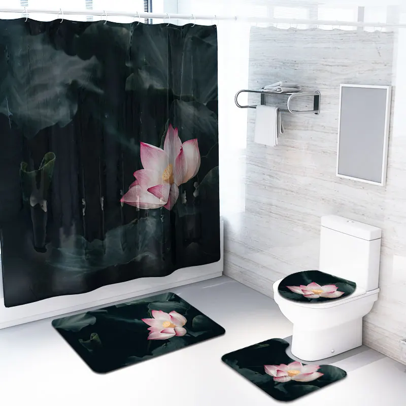 

4 In1 Flower Decor Lotus Fresh and Refined Shower Curtain & Bathroom Rug Set Waterproof Polyester Fabric Bath Curtains