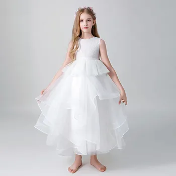 

White Color Children Girls Round Collar Birthday Wedding Party Prom Mesh Dress Toddler Kids Piano Costume Host Ball Gown Dress