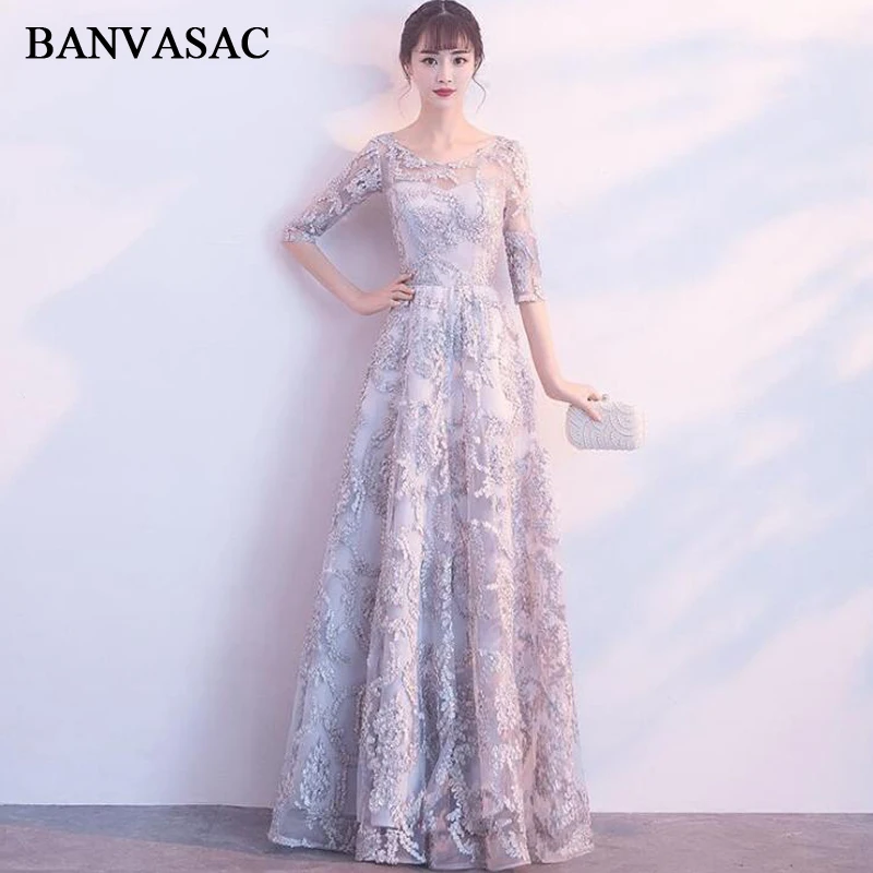 

BANVASAC 2018 O Neck Lace Appliques A Line Long Evening Dresses Elegant Embroidery Party Half Sleeve Prom Gowns
