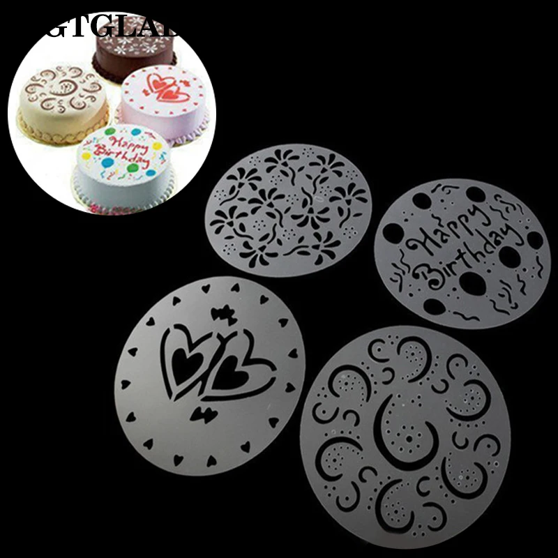 ZGTGLAD 4Pcs/set Cake Stencils Latte Art Birthday Printing Mold Cake Decorating Tools Wedding