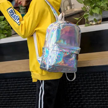 

THINKTENDO New Design Women Holographic Laser Backpack School Travel Shoulder Rucksack Bag Girl Bags Female