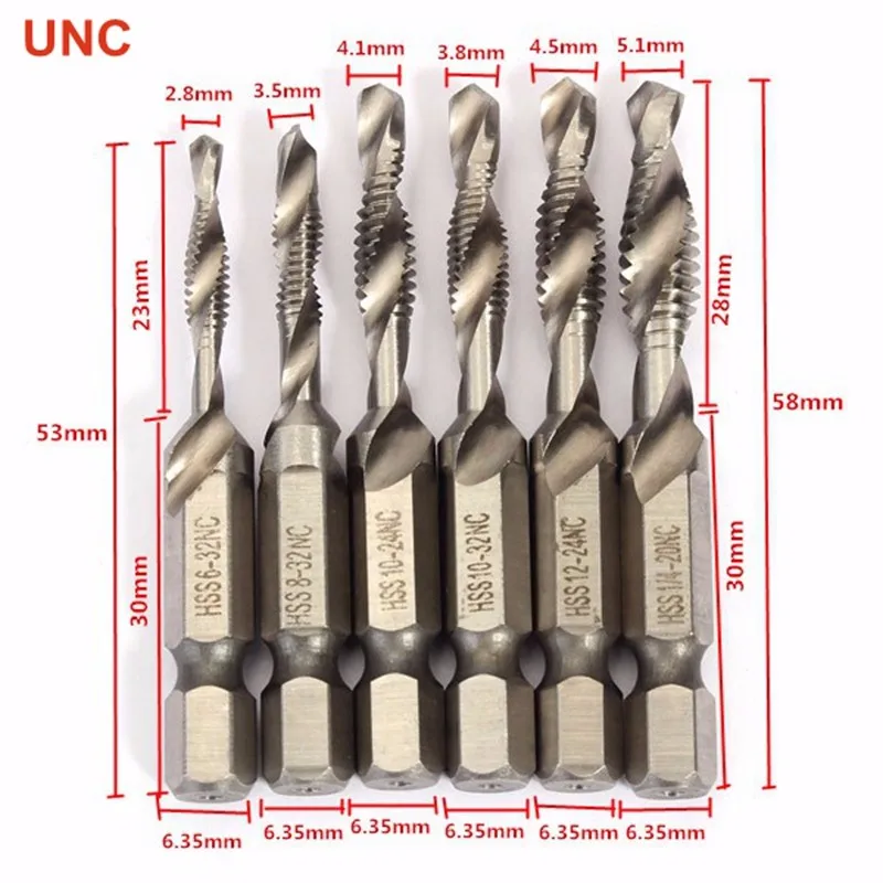 Danu 6 шт. HSS 1/4 дюймов шестигранный хвостовик комбинированная дрель Набор бит UNC или Метрическая зазубренная Зенковка биты Высокоскоростная