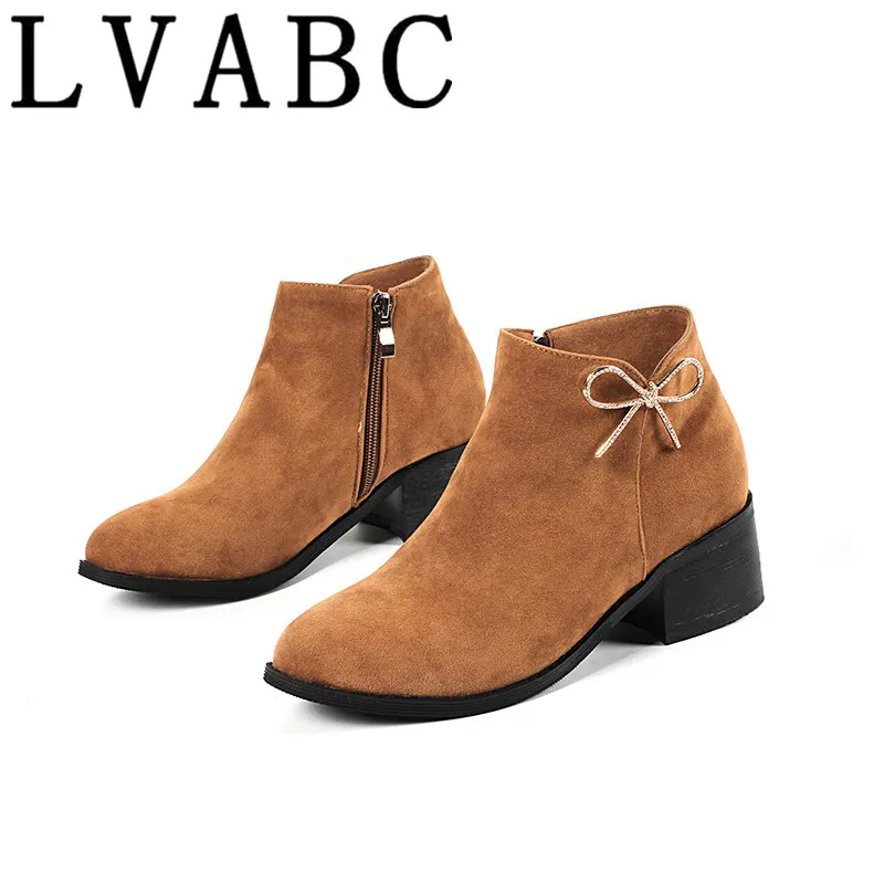 

2018 New Women Ankle Boots Autumn High Heels Flock Short Boot Zipper Chunky Thick Heel Shoes Ladies Casual Shoe Plus Size 33-43