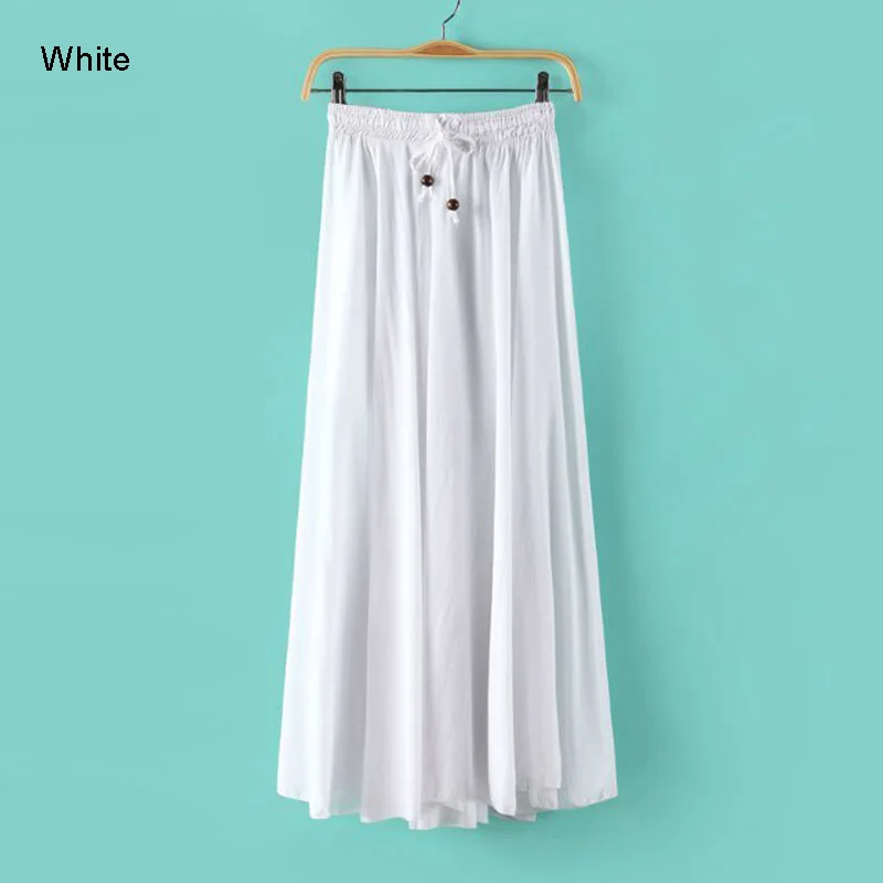 Женская винтажная плиссированная длинная юбка в японском стиле с бусинами, Женская хлопковая льняная юбка с высокой талией и эластичной резинкой на талии, 12 цветов SK132 - Цвет: White