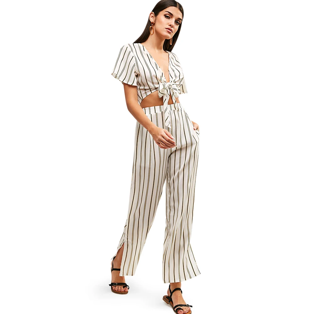 

ZAFUL Side Striped Sexy 2 Two Piece Set Women Knotted Crop Top And Slit Pants Sweat Suits Summer Outfits Matching Office Sets