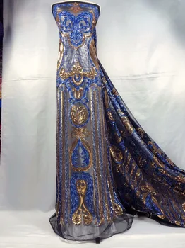 

French Lace Fabric High Class African Laces Fabric Double Organza With Blue Gold Sequins Embroidery For Sewing Women Dress
