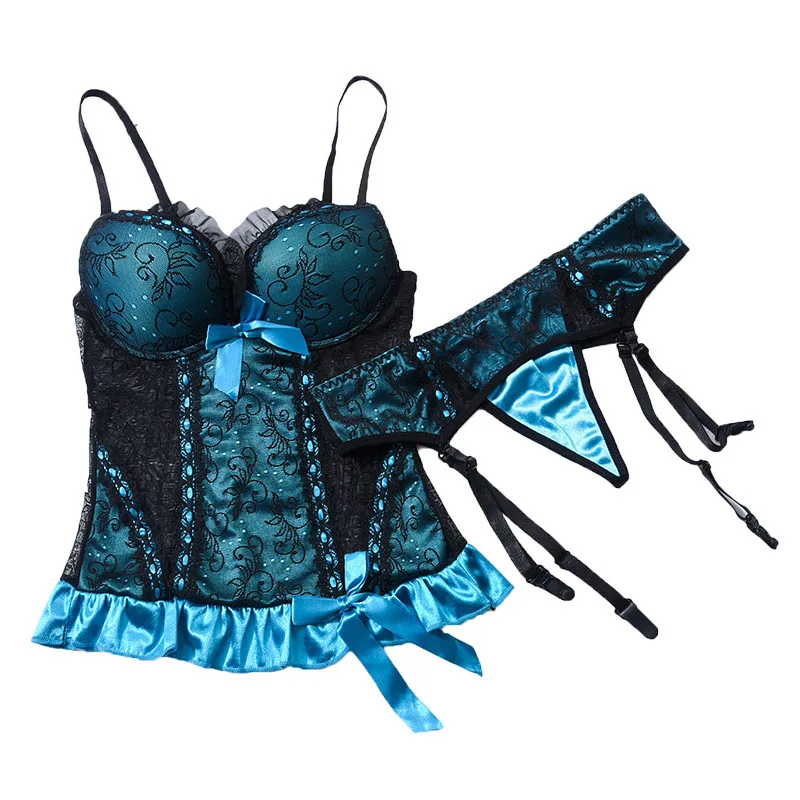 TERMEZY женский сексуальный эластичный корсет с чашкой бюстье на шнурках и стринги комплект белья дышащая ткань нижнее белье - Цвет: Blue