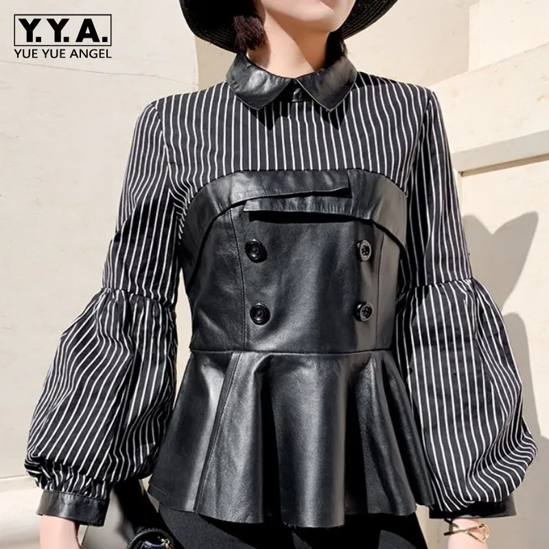 

2019 Female Slim Waist Genuine Sheep Leather Chiffon Spliced Women Striped Black Long Sleeve Turn Down Collar Blouse Streetwear