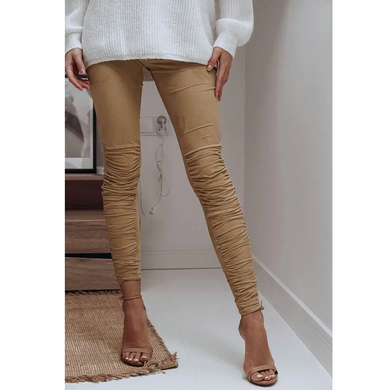 Black Khaki High Elastic Waist Pleated Pencil Pants Women Skinny Bodycon Casual Long Trousers