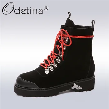 

Odetina 2017 New Womens Lace Up Ankle Boots Genuine Leather Warm Winter Snow Boots Platform Chunky Heel Booties Big Size 33-43