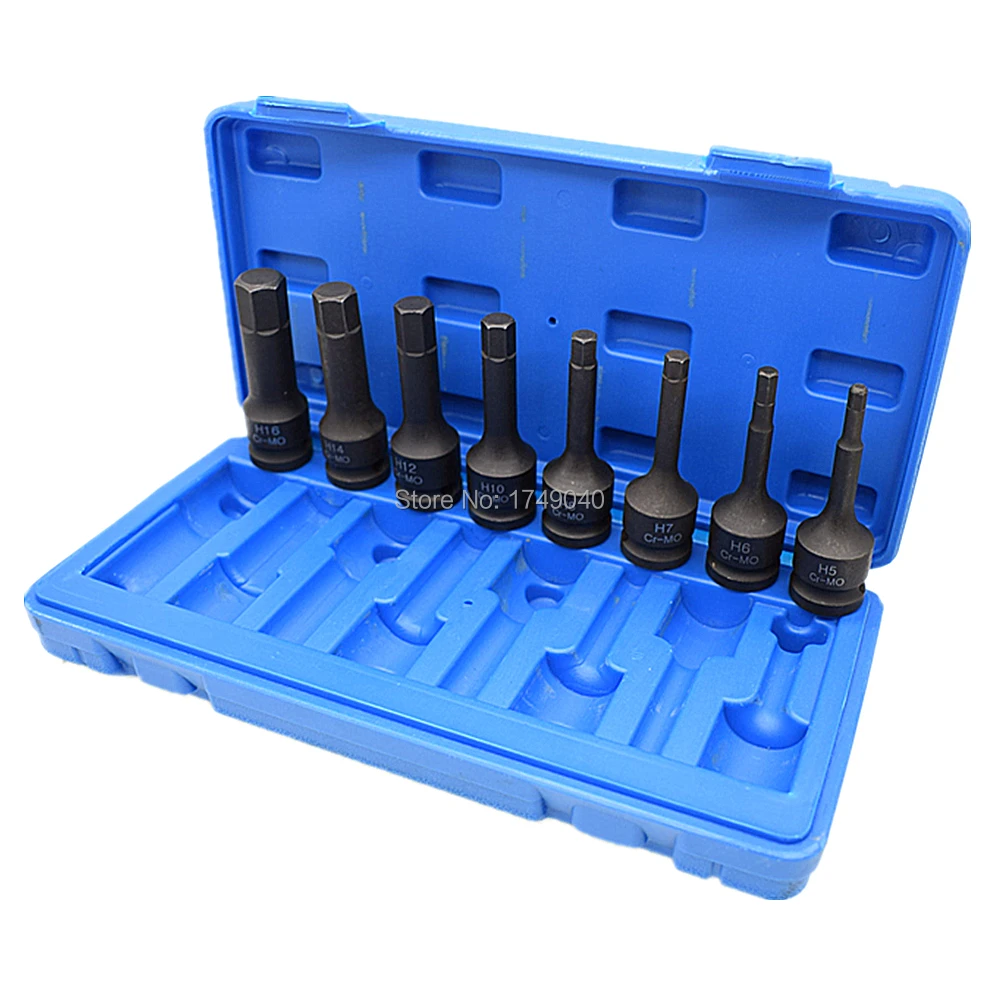 

8 Piece 1/2" Square Drive Hex Bit Impact Socket Set Air Impact Hex Bit Cr-Mo 78mm Long Hex Head H5 H6 H7 H8 H10 H12 H14 H16