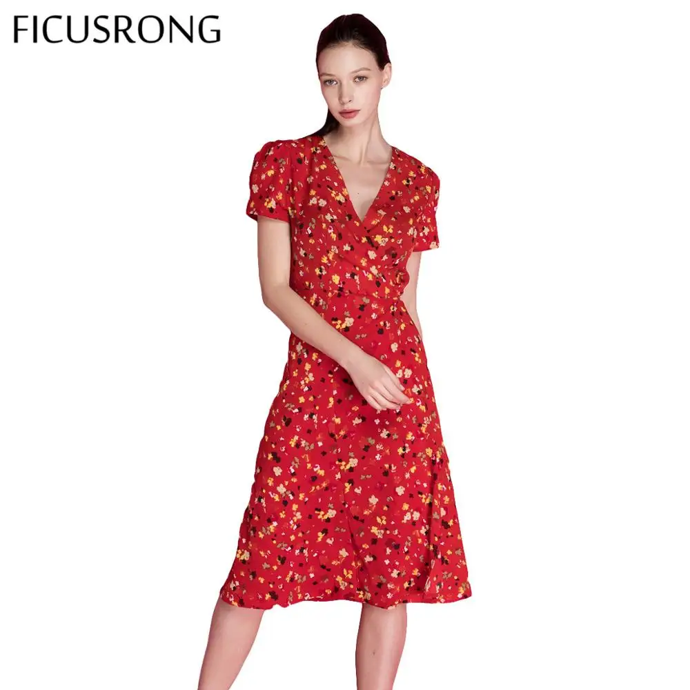 

2019 New Vintage Deep V Neck Lace Up Dress Women Puff Sleeve Summer Dress Female Elegant Floral Print Dress vestidos FICUSRONG
