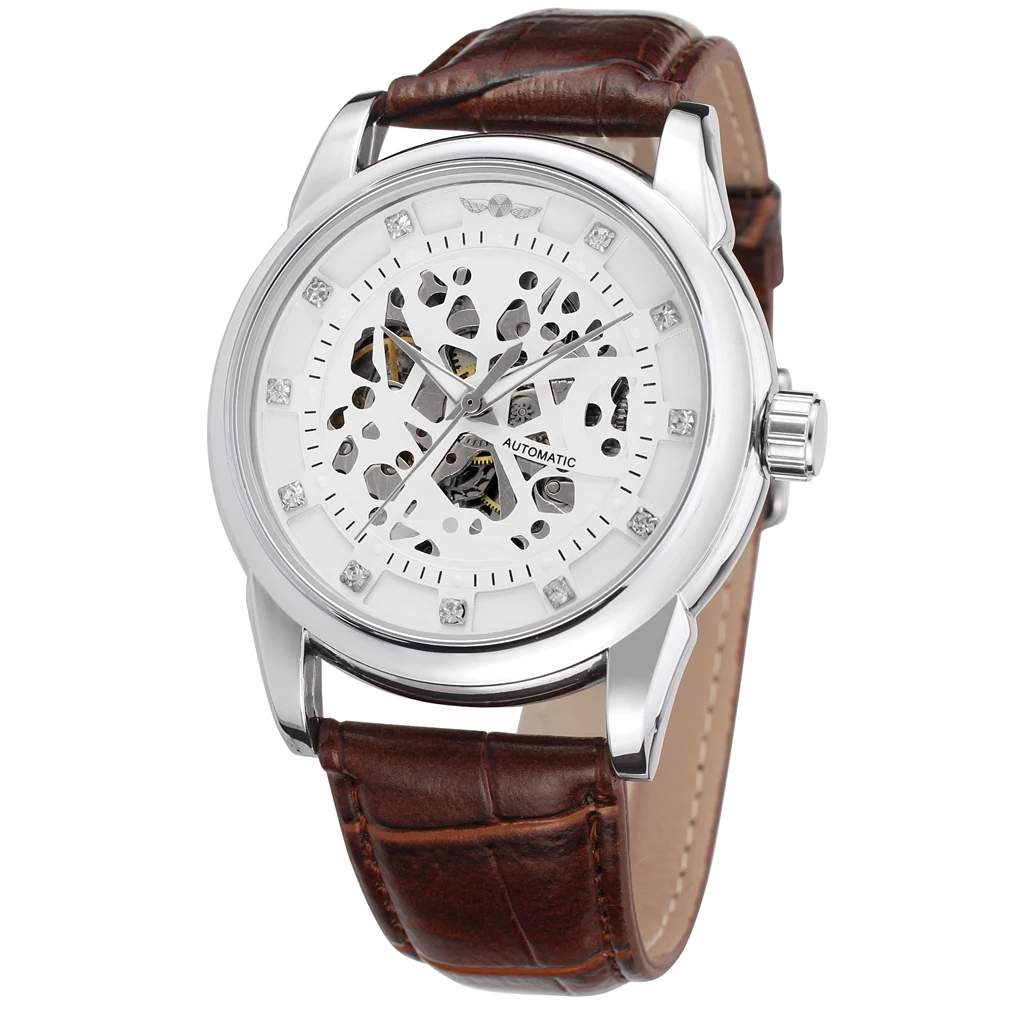 flor padrão pulseira de couro marrom relógio automático masculino