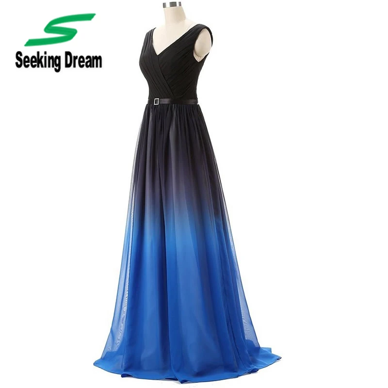 新しいvネックノースリーブシフォンレインボーブルーグラデーションカラーイブニングドレスロングトレインウエディングドレス花嫁のレースアップフォーマルパーティーll69 Gown Prom Long Train Prom Dressestrain Prom Dresses Aliexpress