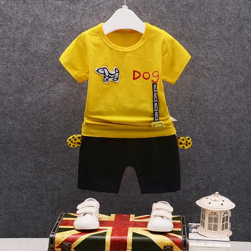 BibiCola комплект летней одежды для мальчиков, хлопковая детская одежда детская футболка+ шорты, спортивный костюм из 2 предметов, детский спортивный костюм с рисунком собаки - Цвет: yellow