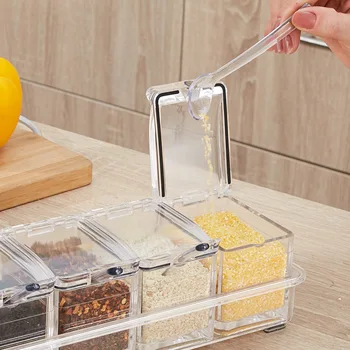 

Acrylic Clear Seasoning Box Separable Spice Rack Jar Salt Sugar Organizer Container with Cover Spoon J2Y
