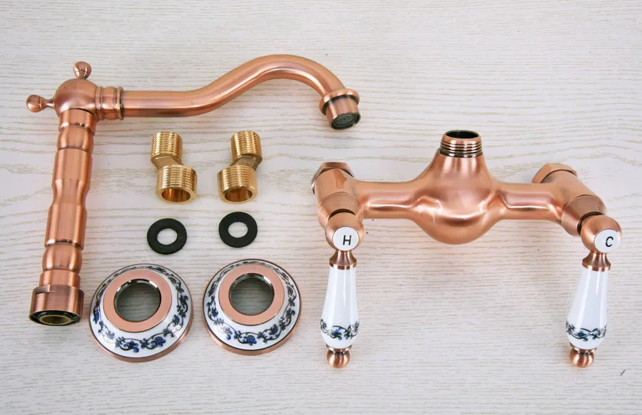 Antique Red Copper Brass Wall Mounted Bathroom Kitchen Sink Faucet Swivel Spout Mixer Tap Dual Ceramics Handles Levers anf954