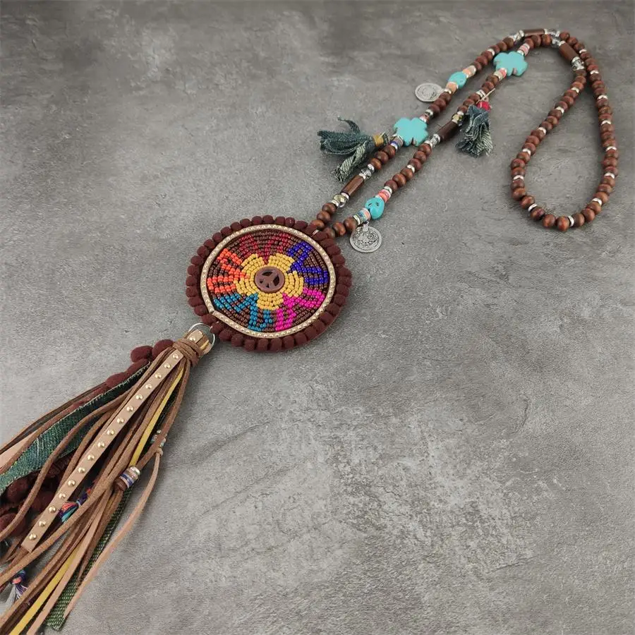 

New Trendy Retro Ethnic Jean Bohemian Tassel Pendants Necklaces for Women Wood Chain Long Necklace Boho Party Jewelry Female